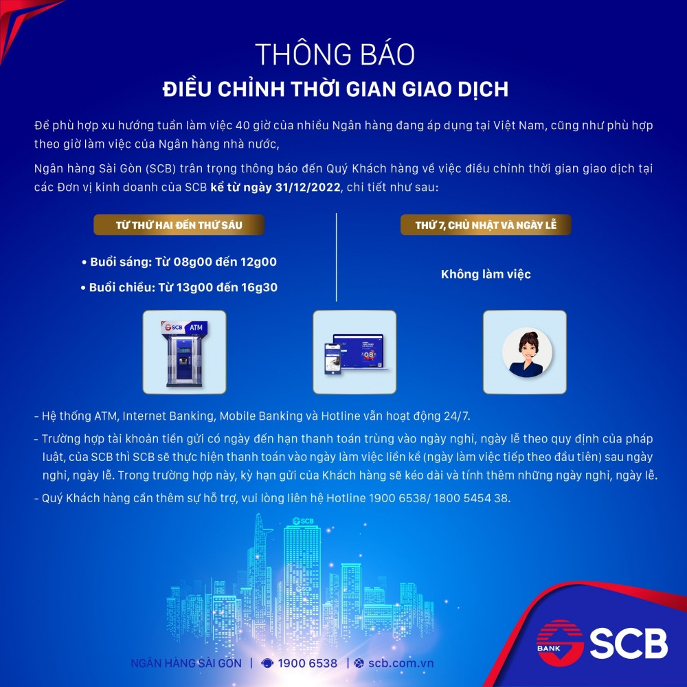 Ngân hàng SCB thông báo điều chỉnh thời gian hoạt động tại quầy