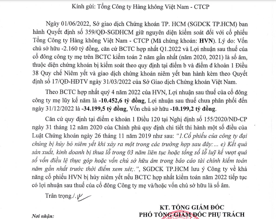 HOSE cảnh báo nguy cơ hủy niêm yết hơn 2,2 tỷ cổ phiếu HVN của Vietnam Airlines