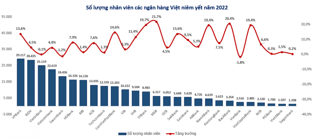 Biến động nhân sự ngân hàng Việt năm 2022: VPBank thuê thêm 3.500 nhân sự, Sacombank cắt giảm 223 người