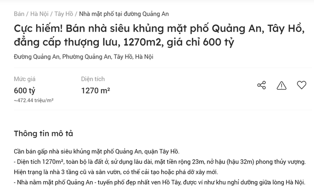 Ồ ạt rao bán nhà đất siêu hiếm giá hàng trăm tỷ ở Hà Nội