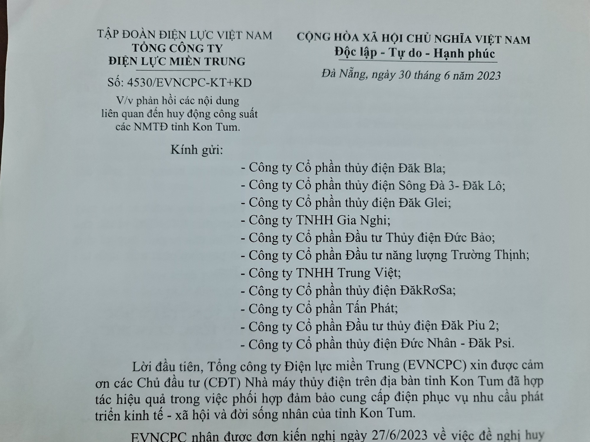 EVNCPC thông tin về huy động công suất các nhà máy thủy điện tại Kon Tum - Ảnh 2.