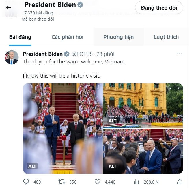 Tổng thống Mỹ Joe Biden cảm ơn Việt Nam trên mạng xã hội