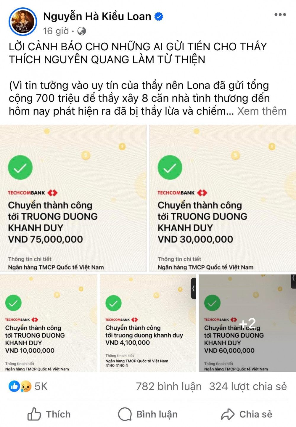 Một Á hậu Việt đình đám bất ngờ đăng bài tố thầy Thích Nguyên Quang lừa đảo và chiếm đoạt hơn 550 triệu tiền từ thiện
