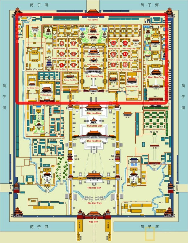 Sơ đồ Cố Cung: từ Ngọ Môn (chính giữa dưới cùng) đi vào Thái Hòa Môn, tới Điện Thái Hòa, Trung Hòa và Bảo Hòa. Ảnh: Gugong.