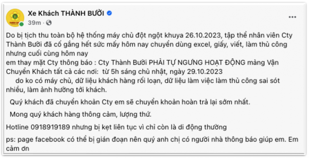 Nóng: nhà xe Thành Bưởi ngừng hoạt động