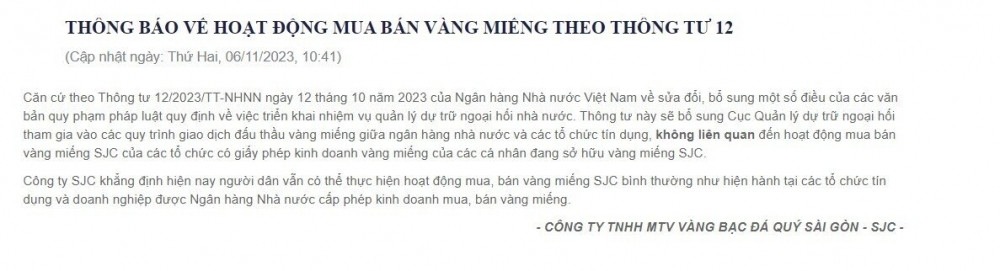 Vàng miếng bị bán tháo theo tin đồn, SJC nhanh chóng lên tiếng