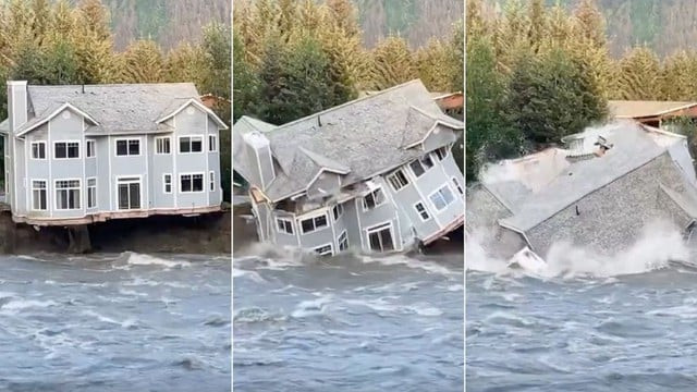 Vỡ đập sông băng gây lũ, cả một ngôi nhà đổ sập xuống sông Mendenhall ở Alaska và cuốn trôi theo dòng nước.