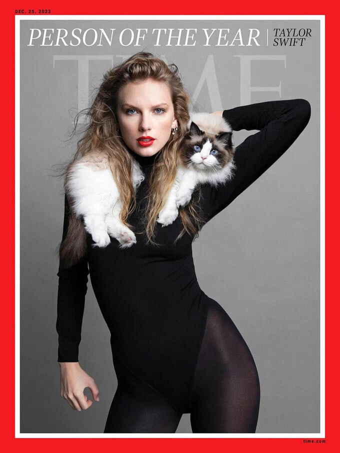 Taylor Swift cùng chú mèo Benjamin Button trên tạp chí Time 2023