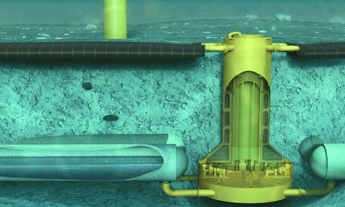 Các bộ phận chính trong hệ thống Ocean Battery gồm bong bóng mềm (ở trên cùng bên trái), bể bê tông dưới cùng bên trái) và tổ hợp máy móc (màu vàng ở giữa) chứa bơm và turbine.