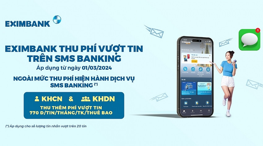 Eximbank điều chỉnh chính sách thu phí vượt tin SMS từ 1/3/2024