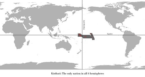 Lãnh thổ của Cộng hòa Kiribati nằm ở cả 4 bán cầu