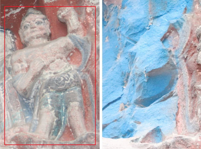 Lớp sơn màu xanh lam được kẻ trộm phun lên sau khi đánh cắp tượng Phật