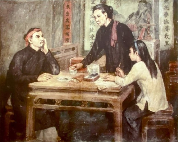 Nguyễn Đình Chiểu sáng tác, Sương Nguyệt Anh ngồi bên cạnh ghi chép, tranh của họa sĩ Nguyễn Phi Hoành