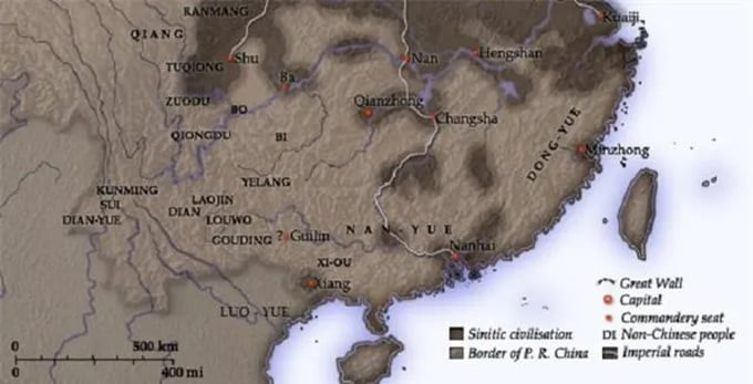 Bản đồ các khu vực lẻ tẻ do nhà Tần chiếm được của các nhóm tộc Bách Việt ở phía Nam sông Dương Tử (Trường Giang) sau năm 210 TCN