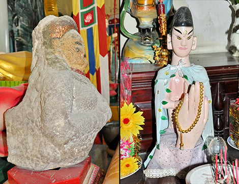 Pho tượng Thiên Y A Na và Quan Âm Bồ Tát được tìm thấy khi đào giếng ở chùa Hoa Tiên. Ảnh: Báo CAND