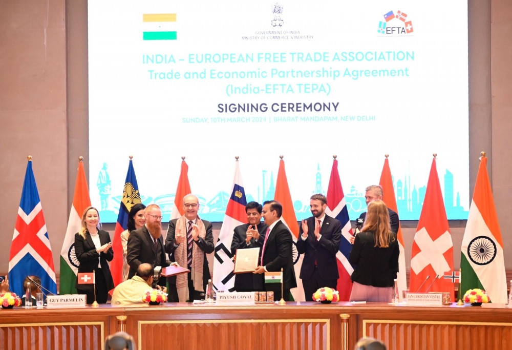 Ấn Độ ký kết thỏa thuận thương mại tự do trị giá 100 tỷ USD với 4 quốc gia châu Âu