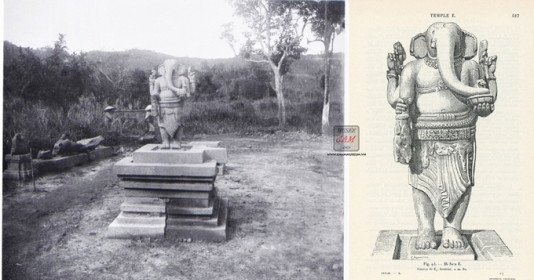 Hình ảnh hiện vật được phát hiện tại di tích năm 1903 (ảnh trái) và bản vẽ của nhà khảo cổ học Henri Parmentier, in trong ấn phẩm “Inventaire descriptif des monument cams de l’Annam: Tome I. Description des monuments” năm 1909 (ảnh phải)