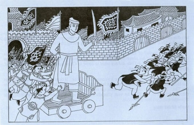 Tranh vẽ mô tả binh lính nhà Tần đẩy tượng Lý Ông Trọng đuổi quân Hung Nô. Nguồn: Huyền sử đời Hùng.