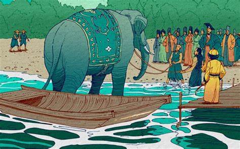 Tranh minh họa bài toán cân voi của Trạng Lường năm xưa