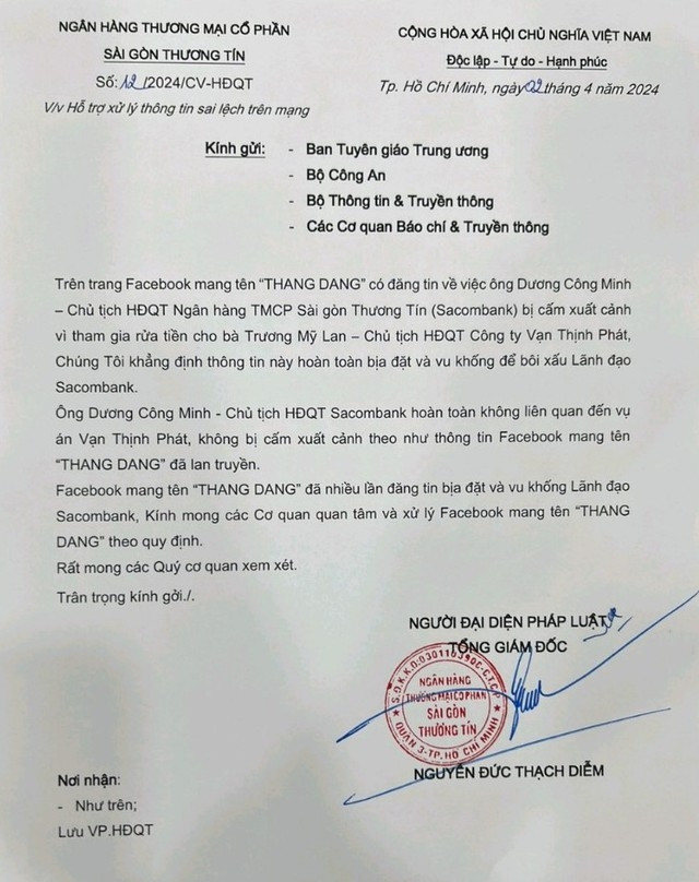 Sacombank (STB) bác bỏ thông tin bịa đặt về ông Dương Công Minh