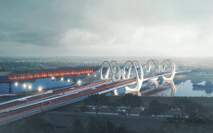 Phối cảnh cầu đường bộ và đường sắt vượt sông Đuống được triển khai xây dựng từ ngày 22/7/2023