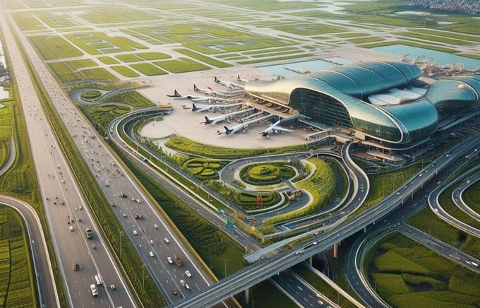 Thành phố Bắc sông Hồng khai thác trọng tâm sân bay quốc tế Nội Bài và trục động lực phát triển Nhật Tân - Nội Bài. Ảnh: AI vẽ