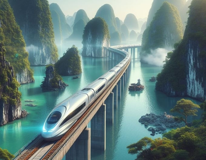 Tuyến đường sắt tốc độ cao Lào Cai - Hà Nội - Hải Phòng - Quảng Ninh dự kiến tổng vốn là 100.000 tỷ đồng. Ảnh: Minh họa bởi AI