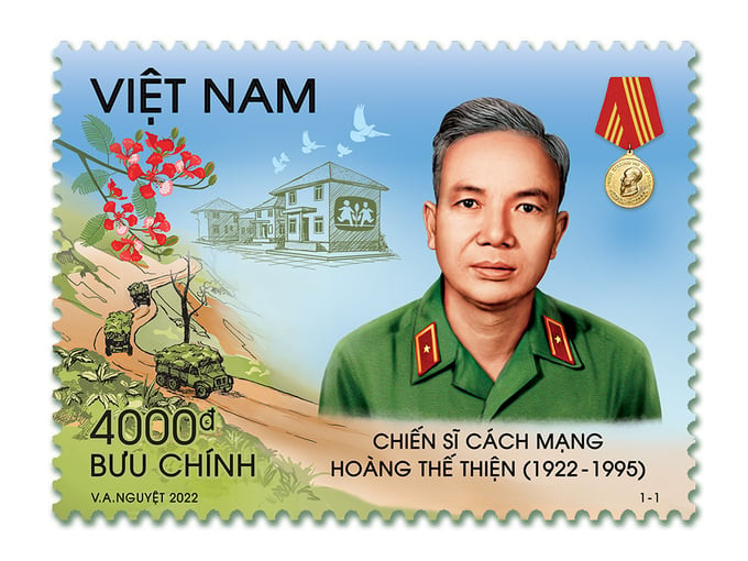 Bộ tem Chiến sĩ cách mạng Hoàng Thế Thiện (1922-1995) gồm mẫu tem giá 4.000 đồng do họa sĩ Vương Ánh Nguyệt thực hiện và chính thức phát hành trên toàn quốc từ ngày 20.10.2022
