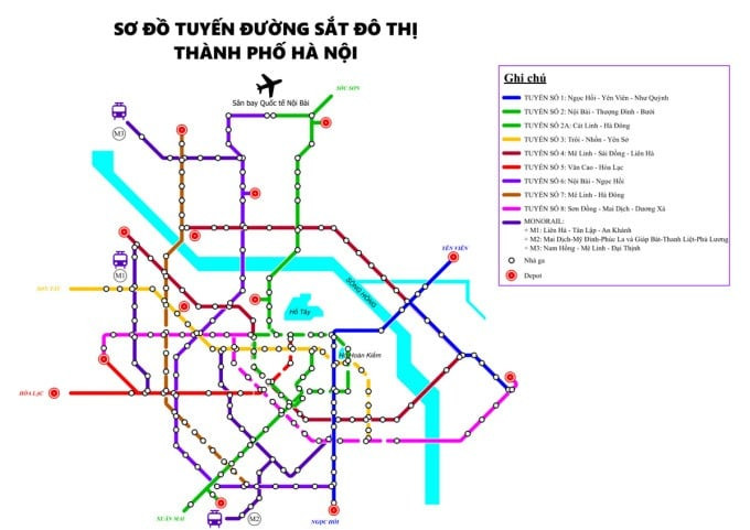 Sơ đồ tuyến đường sắt đô thị Hà Nội theo quy hoạch Giao thông Vận tải đến năm 2030. Ảnh: UBND TP Hà Nội