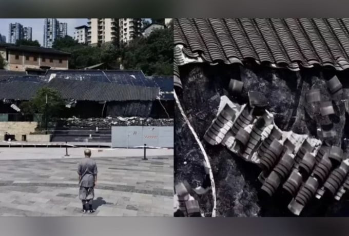 Một hình ảnh lan truyền trên mạng xã hội Twitter về vụ sập mái của Bảo tàng Di tích Văn hóa Tử Cấm Thành ở Trùng Khánh, Trung Quốc, khi đất nước này hứng chịu một đợt nắng nóng cực độ