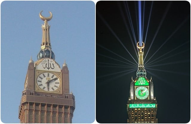Trong những dịp đặc biệt, các dải đèn rọi thẳng đứng khiến toà tháp lấp lánh giữa bầu trời đêm Mecca