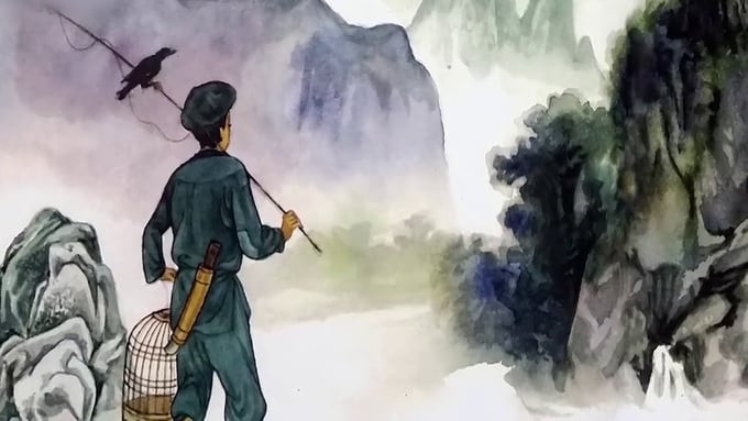 Đội trưởng Kim Đồng luôn mặc bộ quần áo chàm, đội mũ nồi, mang theo lồng chim hoặc cây cần câu cá