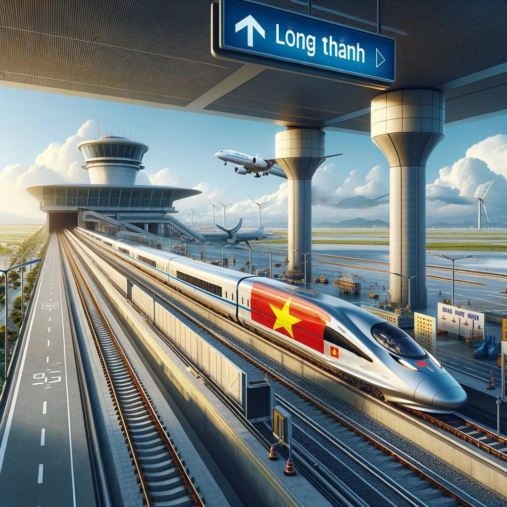 Sân bay Long Thành sẽ có hệ thống đường sắt kết nối tới các sân bay, bến tàu, bên xe. Ảnh minh họa bằng ứng dụng AI ChatGPT