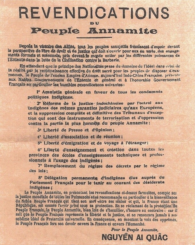 Bản yêu sách cho nhân dân An Nam bằng tiếng Pháp. Ảnh tư liệu/Báo VnExpress