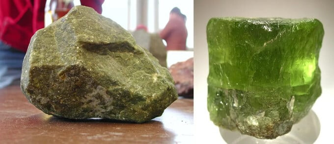 Peridotite có một số dạng khác nhau, chẳng hạn như đá dunite (trái) và tinh thể olivin lớn (phải) (Ảnh: IFL Science)