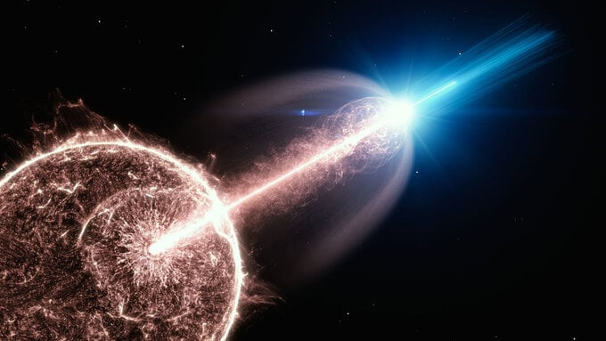 Trong vũ trụ, có một hiện tượng có thể tạo ra tia gamma mạnh hơn cả sức tưởng tượng của con người, đó là vụ nổ tia gamma. Ảnh minh hoạ