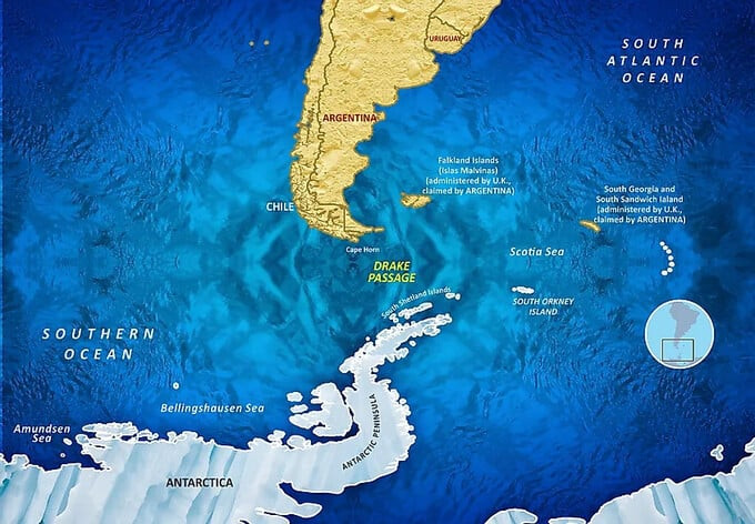 Eo biển Drake Passage, là ranh giới giữa Nam Mỹ và châu Nam Cực (Ảnh: Word Atlas)