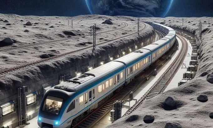 Hình ảnh mô phỏng hệ thống đường sắt trên Mặt Trăng. Ảnh: DALL-E3