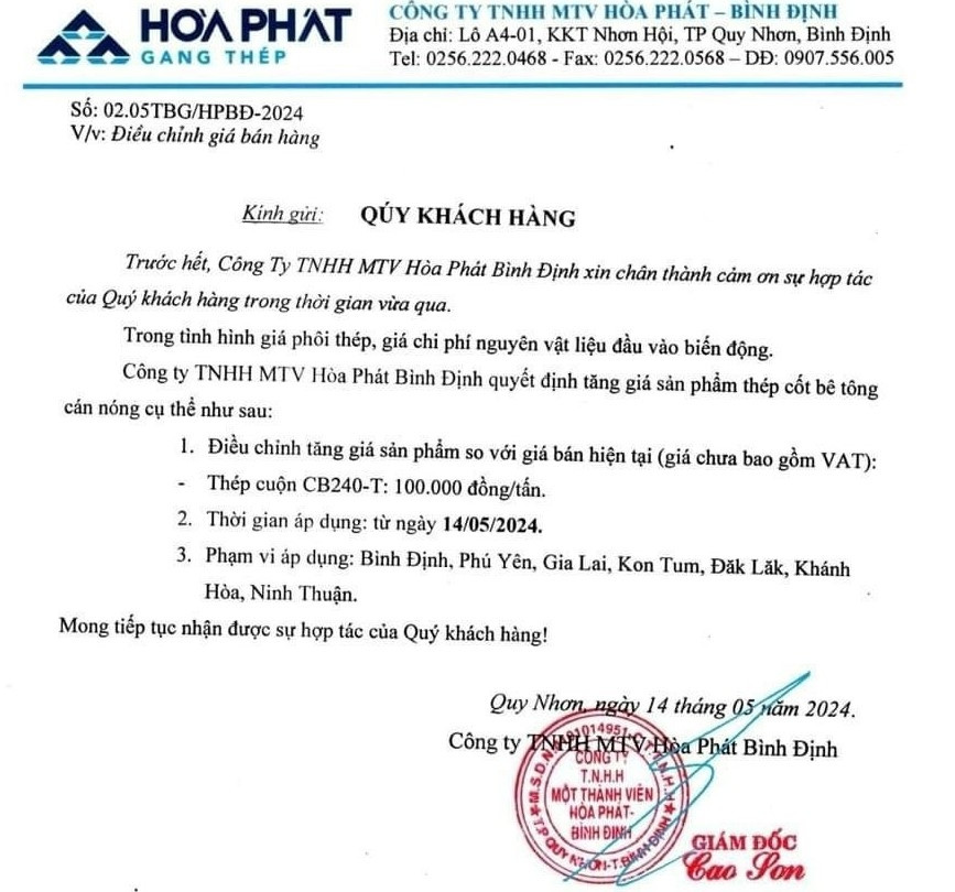 Hòa Phát (Bình Định) thông báo tăng giá thép