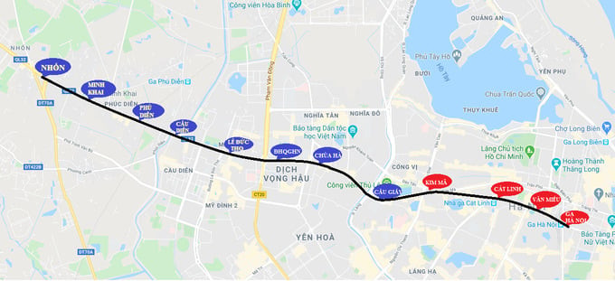 Vị trí các ga của dự án đường sắt đô thị Nhổn - ga Hà Nội (nguồn ảnh: VietnamBiz)