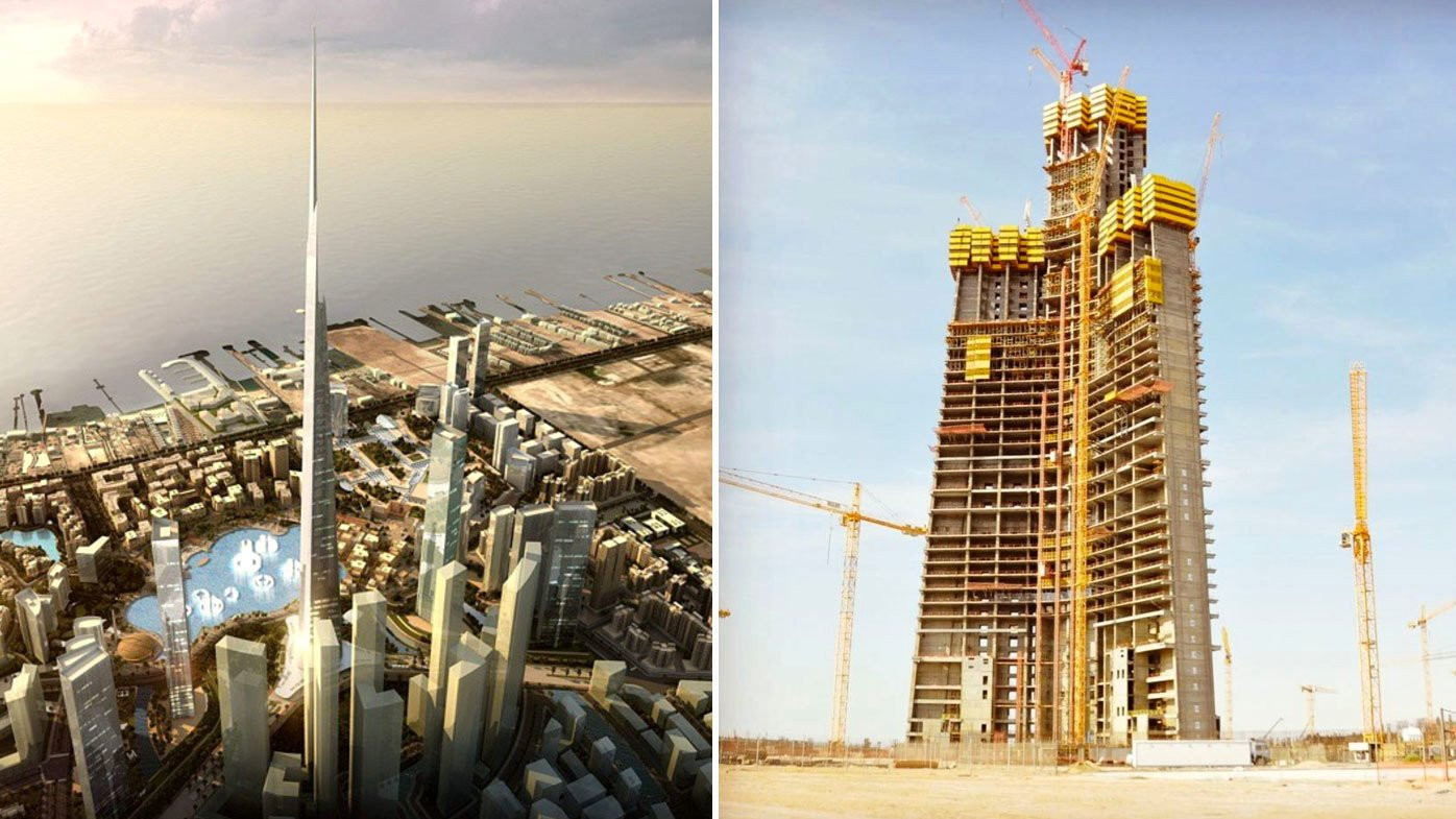 Hình ảnh tháp Jeddah khi xây dựng và phối cảnh khi hoàn thành. Ảnh: 9News