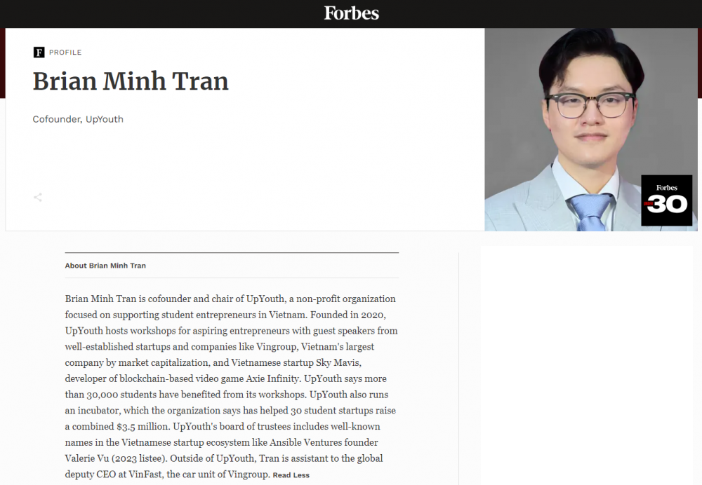 Profile của Brian Minh Tran trên Forbes. Ảnh: Chụp màn hình