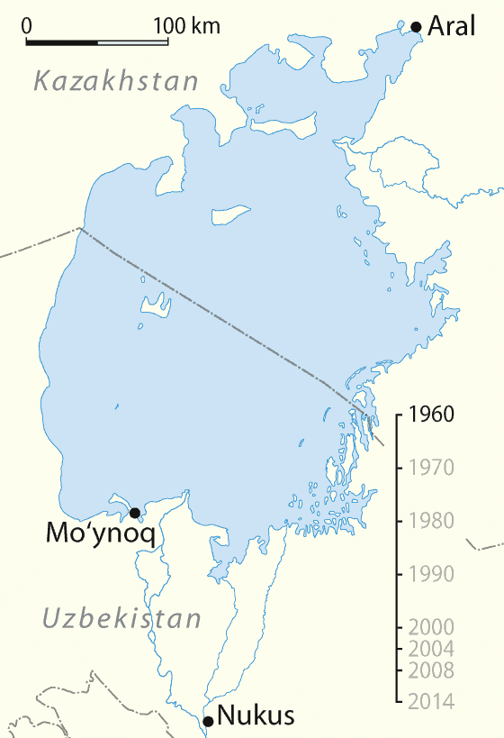 Quá trình thu hẹp của Biển Aral (Ảnh: Wikipedia)
