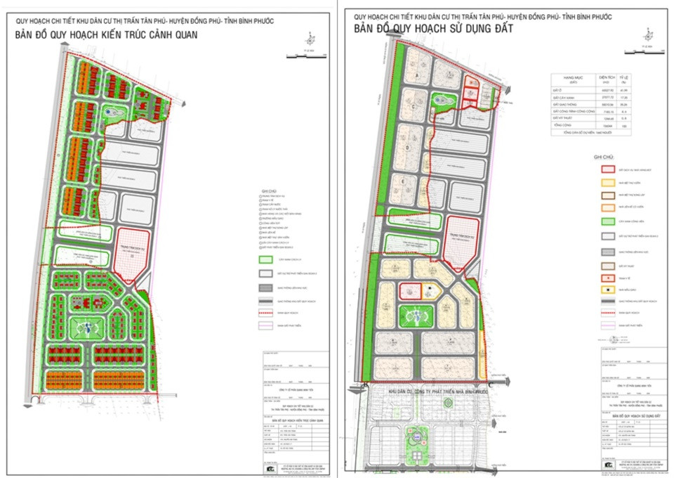 Bản đồ quy hoạch cảnh quan và Bản đồ quy hoạch sử dụng đất KDC thị trấn Tân Phú, dự án do Công ty Cổ phần Quang Minh Tiến làm chủ đầu tư, triển khai xây dựng hơn 10 năm chưa hoàn thành . Ảnh: Lâm Thiện chụp lại.