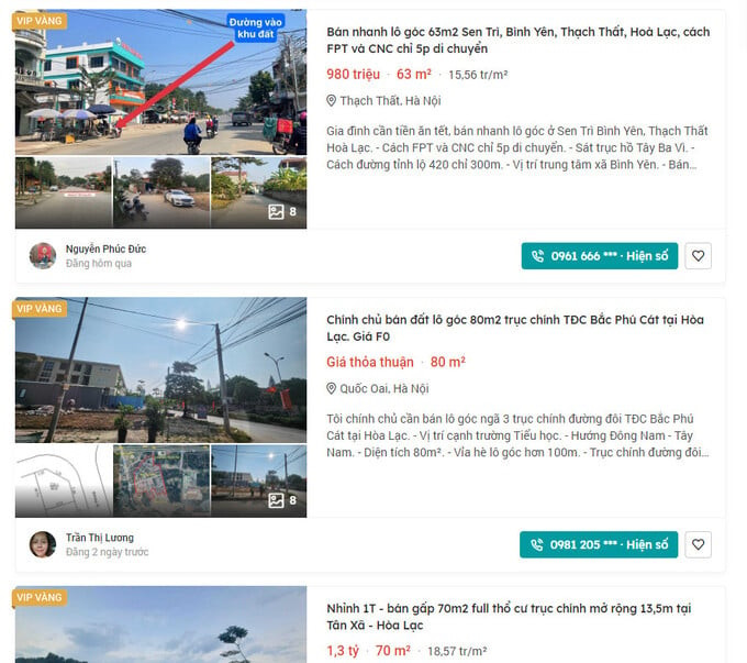 Giá đất tại Hòa Lạc được rao bán trên trang Batdongsan.com