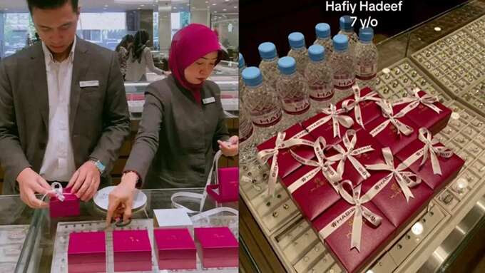 Mẹ Hafi đưa con trai đến cửa hàng trang sức nổi tiếng để mua quà tặng cho cô giáo.