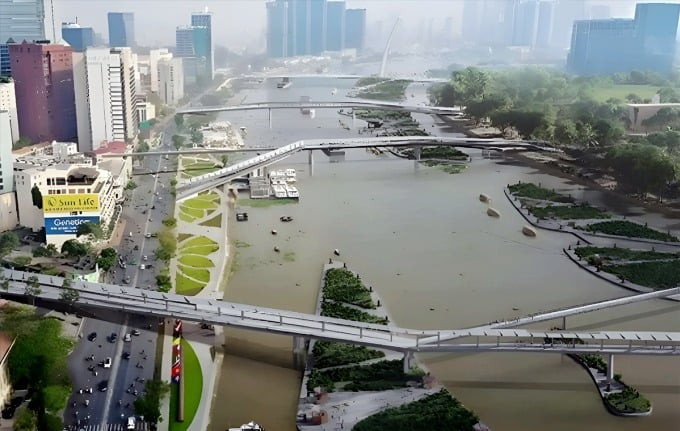 Phối cảnh các cầu đi bộ kết nối xuống đảo vườn trên sông Sài Gòn. Ảnh: Liên danh tư vấn