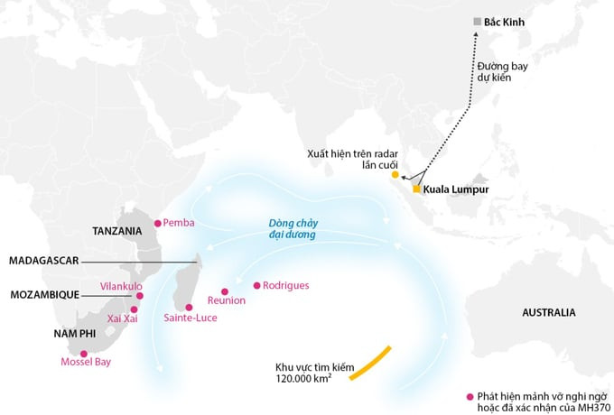 Vị trí các mảnh vỡ MH370 và khu vực tìm kiếm ban đầu ở Ấn Độ Dương. Đồ họa: Guardian