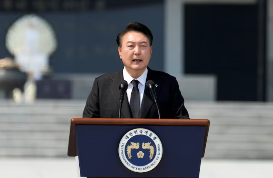 Tổng thống Hàn Quốc Yoon Suk Yeol phát biểu tại buổi lễ kỷ niệm 69 năm ngày tưởng niệm tại Hàn Quốc. Ảnh: Lee Jin-man