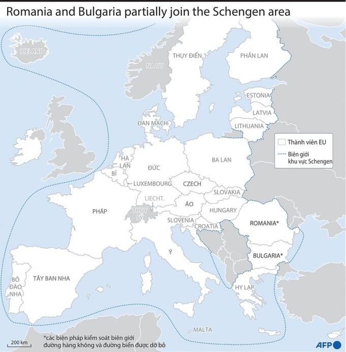 Khu vực Schengen sau khi Romania và Bulgaria gia nhập một phần từ ngày 31/3/2024. Ảnh: AFP - Việt hóa: Nghi Vũ